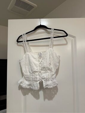 White Eyelet Lace-Up Tank Top